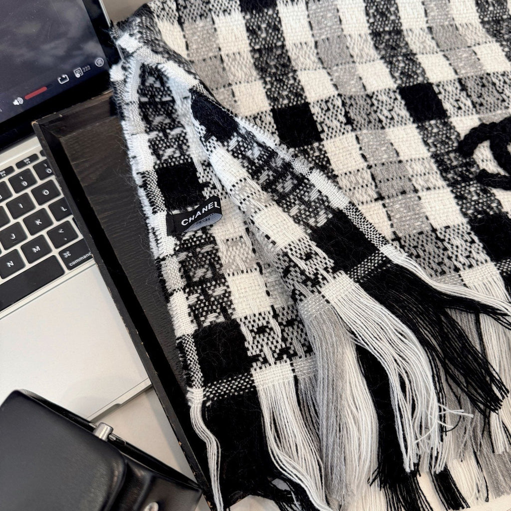 Chanel Black and White Plaid Fringed Scarf
