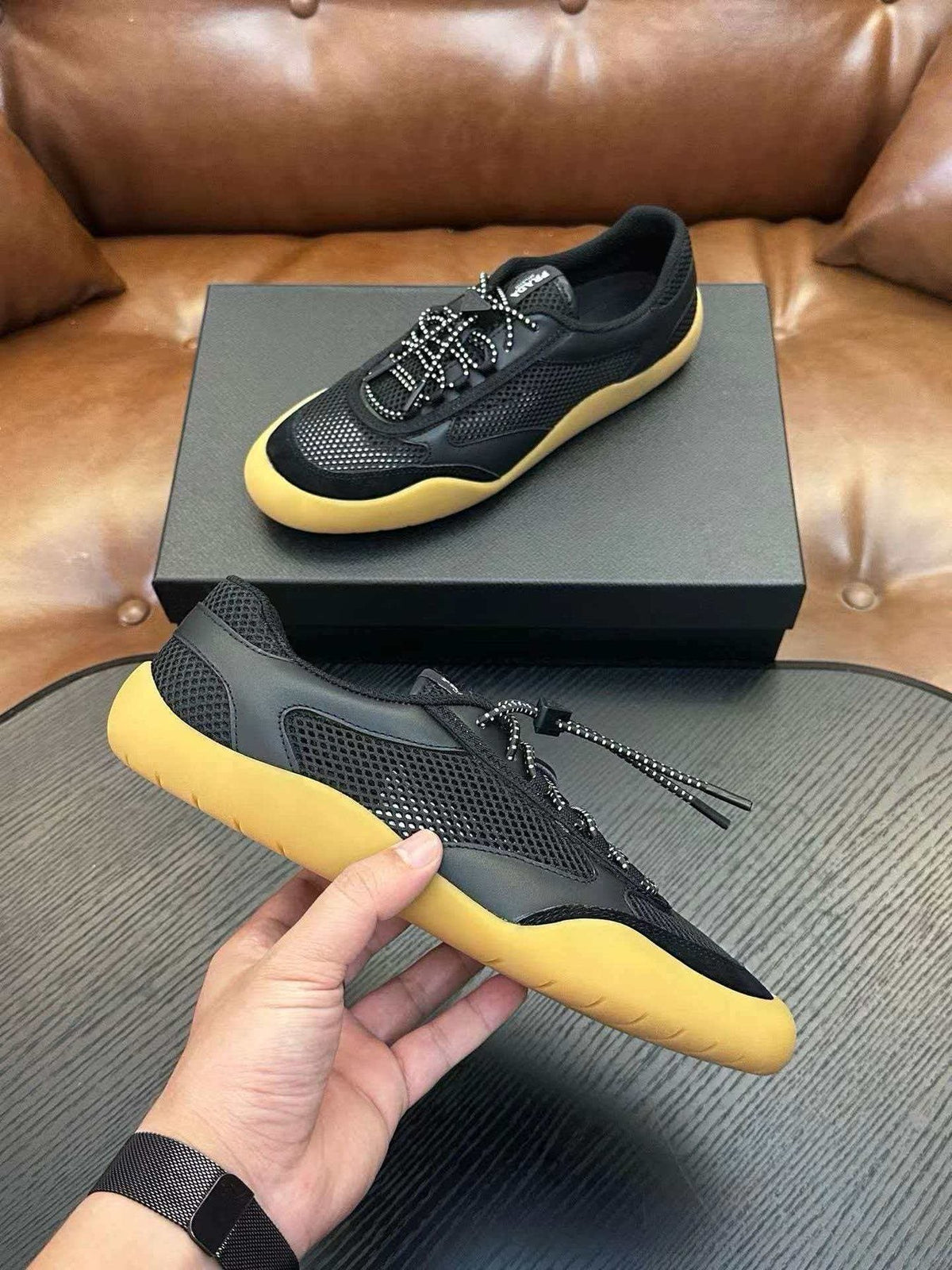 Prada Men's Black Sneakers with Yellow Sole