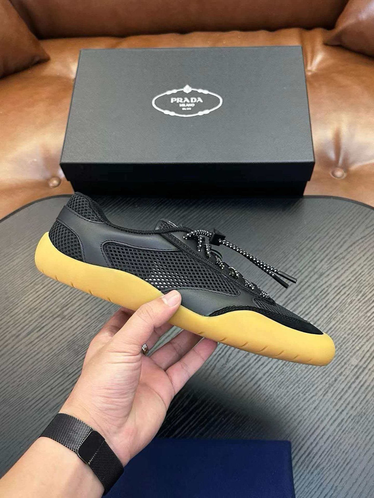 Prada Men's Black Sneakers with Yellow Sole